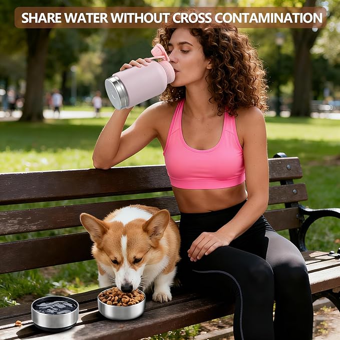 Cibaabo Insulated Dog Water Bottle with 2 Bowls, 32oz Travel Stainless Steel Double Wall Thermos, Portable Pet Dispenser, Puppy Small Medium Dog Mom Gifts for Walking Hiking and Camping