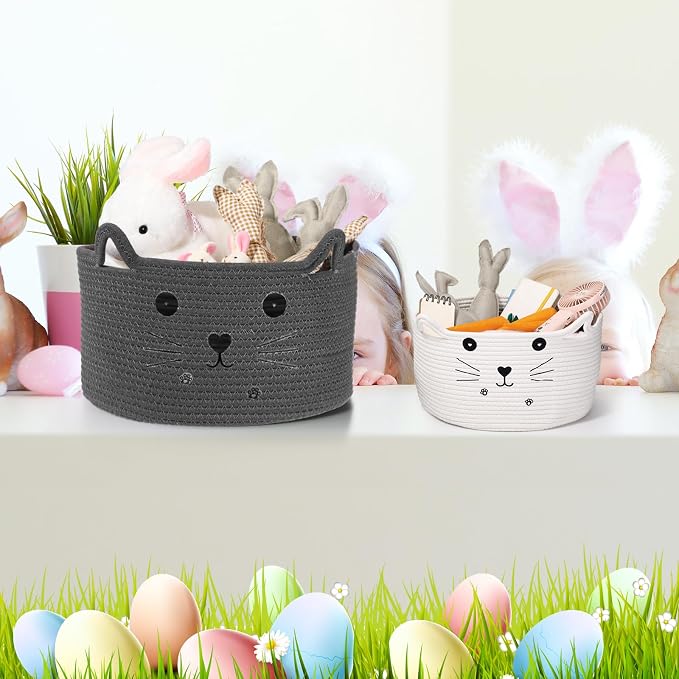 Zopeal Cat Storage Basket Woven Organizer with Ears Decorative Gift Cute Cotton Rope Pet Toy Basket for Gift Cat Dog Toy Bin Nursery Room(13.7 x 7.8 Inch,Dark Grey)