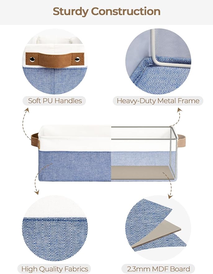 StorageWorks Narrow Storage Bins, Small Basket, Blue and White, 2-Pack | With Metal Frame, Reinforced Handles, Sturdy Structure, For Bathroom, Closet, Shelf, Storage Makeup, Socks, Underwear