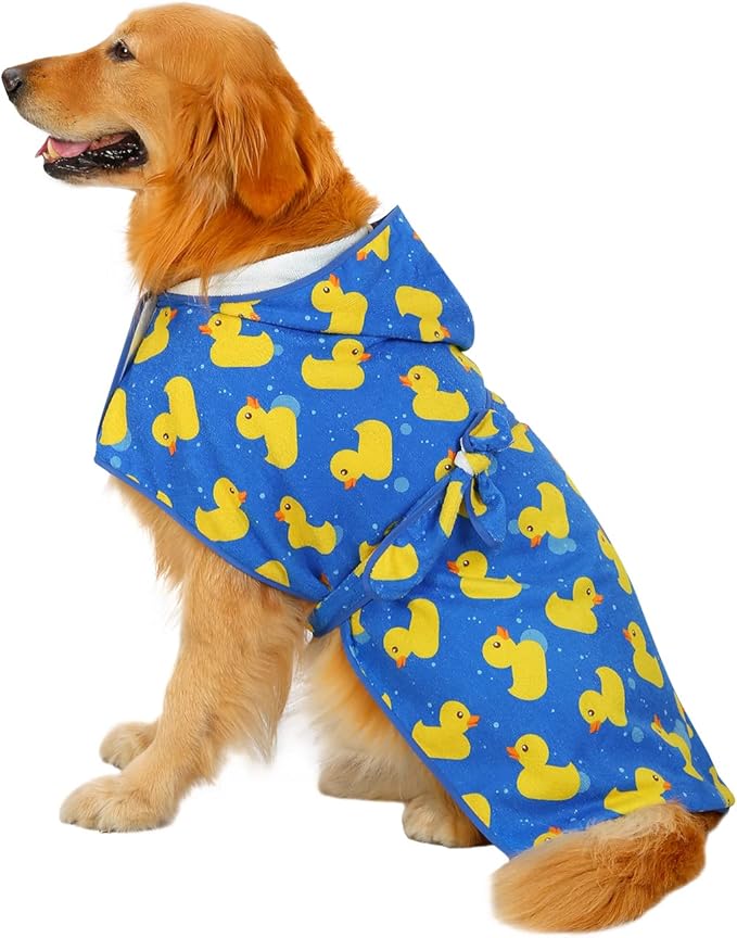 HDE Dog Bathrobe Super Absorbent Quick Drying Puppy Towel Wrap Coat Adjustable After Bath Robes with Hood for Dog Sizes S-XXL Blue Rubber Ducks XL