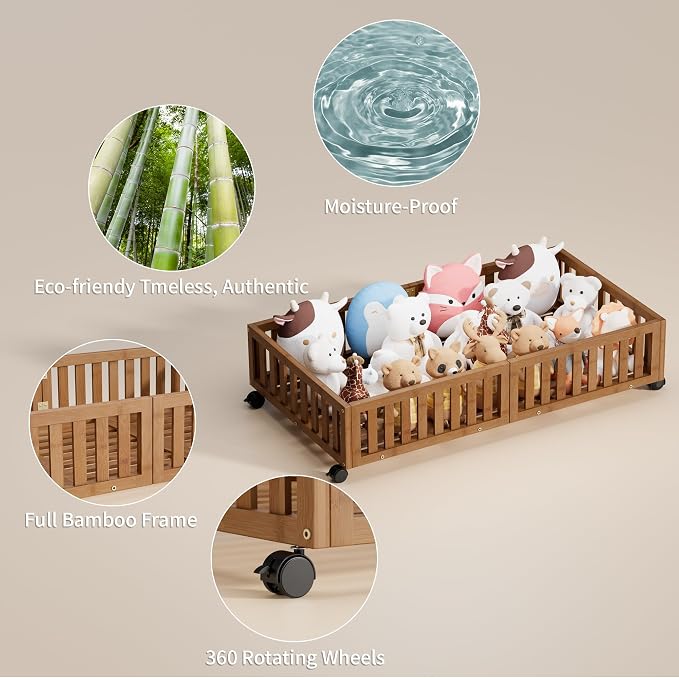 Under Bed Storage with Wheels, 2 Pcs Bamboo Drawers for Clothes and Toy | 360° wheels glide smoothly. Sturdy bamboo frames hold clothes, shoes, bedding and toys. Easy pullout access keeps rooms tidy
