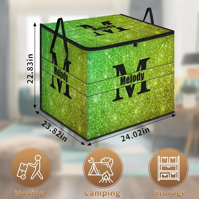 Custom Extra Large Storage Baskets with Name Initial Letter, Personalized Storage Bins Basket Boxes for Clothes Blanket Bedroom Closet Organizing Toys Shelves, Bright Green Sequins Glitters