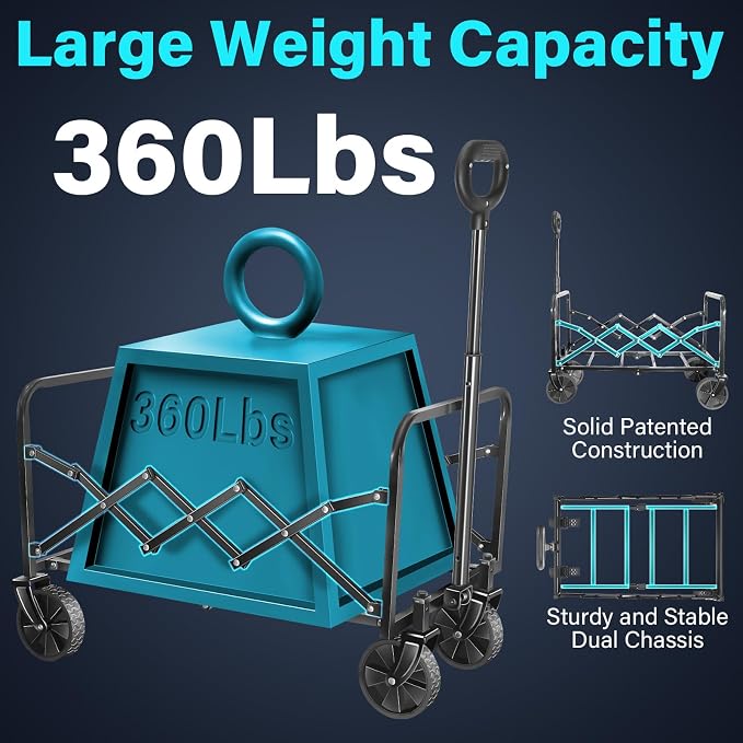 Collapsible Wagon Cart with Wheels, Compact 360 lb Folding Cart, Jet Black | Portable utility wagon for groceries, shopping, camping, garden, sports, picnics, laundry, apartment errands and small hauls