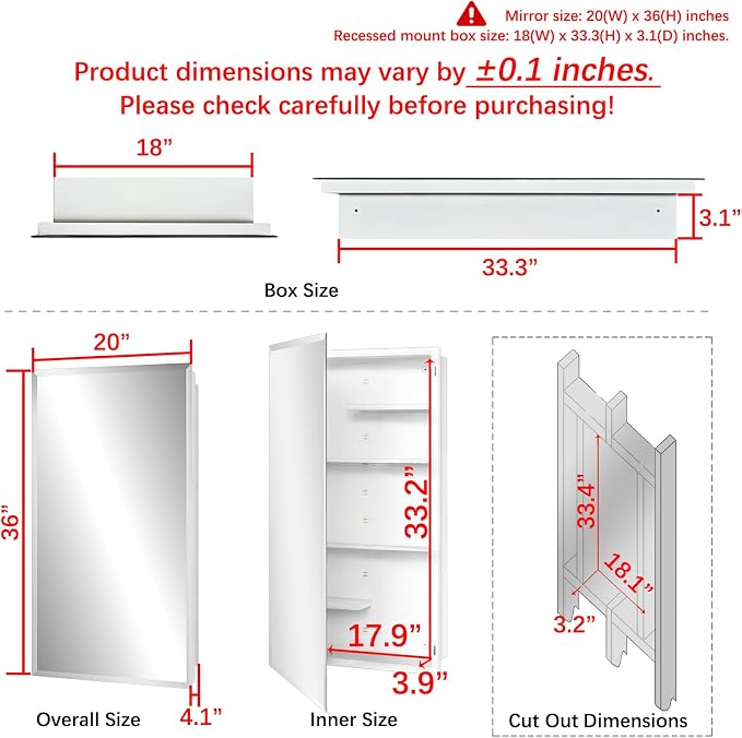 White Metal Medicine Cabinet, 20 x 36 Beveled Mirror, Surface Mount Storage | 20 x 36 Bathroom Mirror Cabinet with Adjustable Staggered Shelves, Continuous Piano Hinge, Reversible Door Swing, Matte White