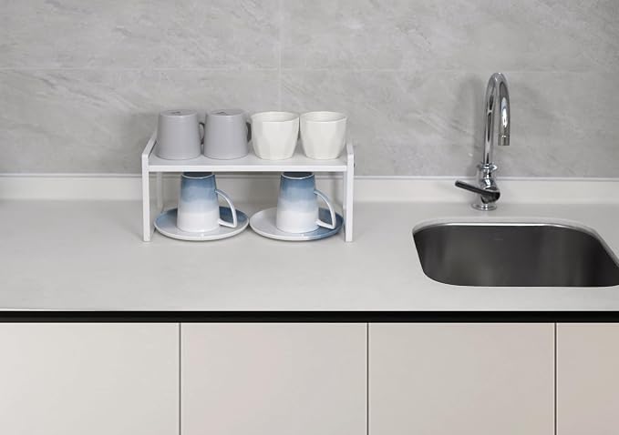 Nxconsu Stackable Cabinet Shelf Organizer 2 Pack, Wide White | Heavy-Duty 3mm Steel Stackable 2-Tier Shelf, Holds 50 lb, for Kitchen Cabinet Pantry Cupboard Counter Bathroom Under Sink