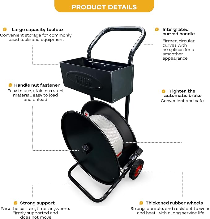 IDL Packaging Strapping Cart & Dispenser for Cord Strapping (16" x 3" Core) | CA-248 for Woven Cord Coils - Durable Steel Tube Frame and Rubber Wheels - Built-In Tray for Cutter, Buckles, & Gloves