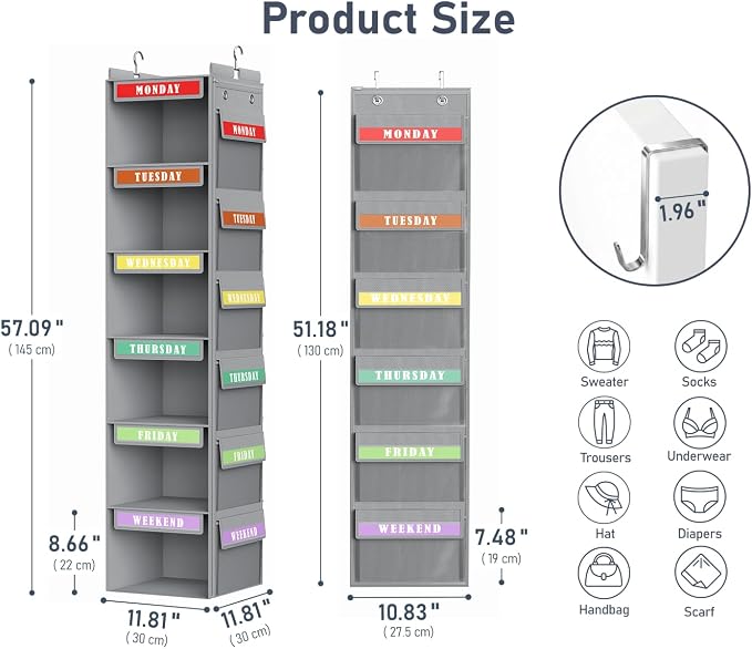 DIMJ Hanging Closet Organizer 2 in 1 - Weekly Clothes Organizer for Kids Over the Door Organizer 6-Shelf Daily Monday Friday Weekend Hanging Shelves, for School Outfits, Baby Clothes, Grey