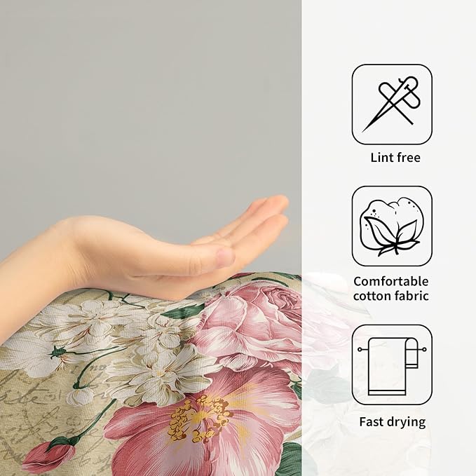 Giwawa Vintage Rose Floral Hand Towels, 15x30 in Set of 2, Retro Pink Flower Leaves Stamp Hair Face Towel Soft Highly Absorbent Shabby Chic Beige Fingertip Towel for Bathroom Girl Woman Guest Gifts