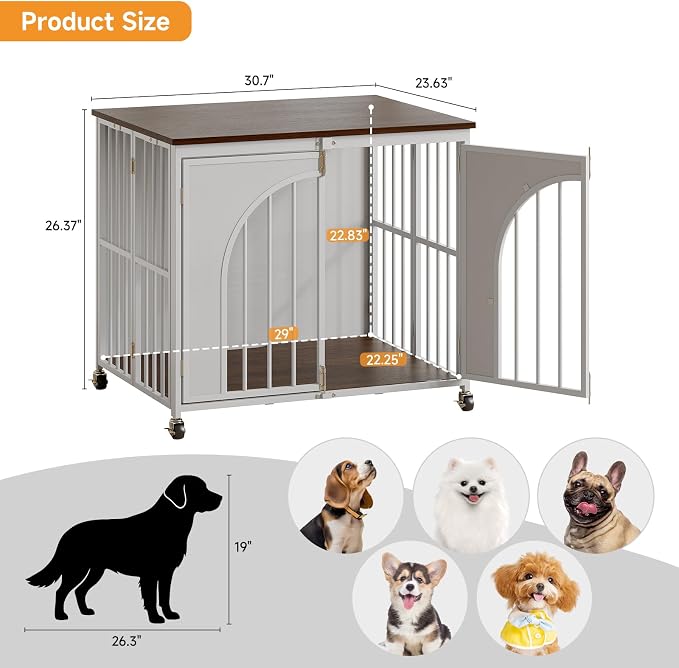 ONBRILL 31" Heavy Duty Foldable Dog Crate Furniture, Small Dogs, White | Fold it away when needed, while removable wheels and spring locks make everyday use more convenient