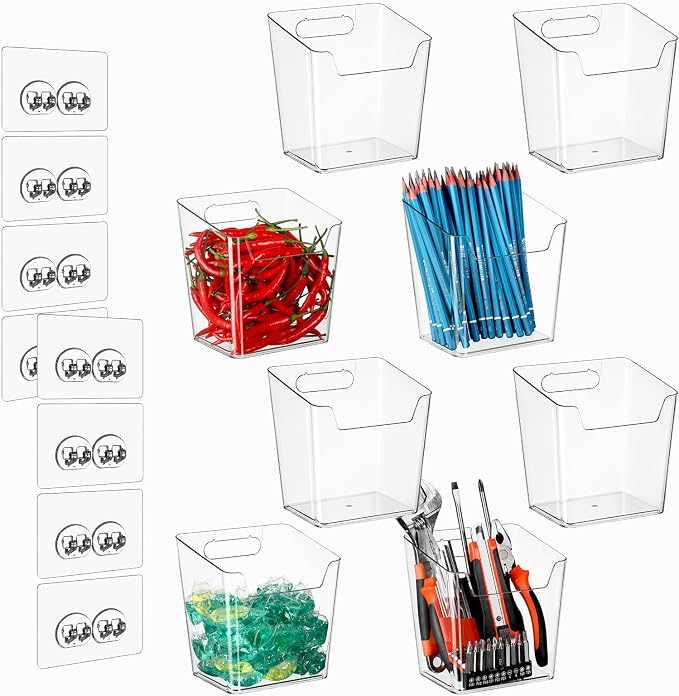 8-Pack Adhesive Cabinet Door Organizer Kitchen, Hanging Storage Bins, Stick on Small Wall Storage Container, Bathroom Floating Shelf Under Sink Caddy Spice Rack for Pantry Organizer, Office, Dorm