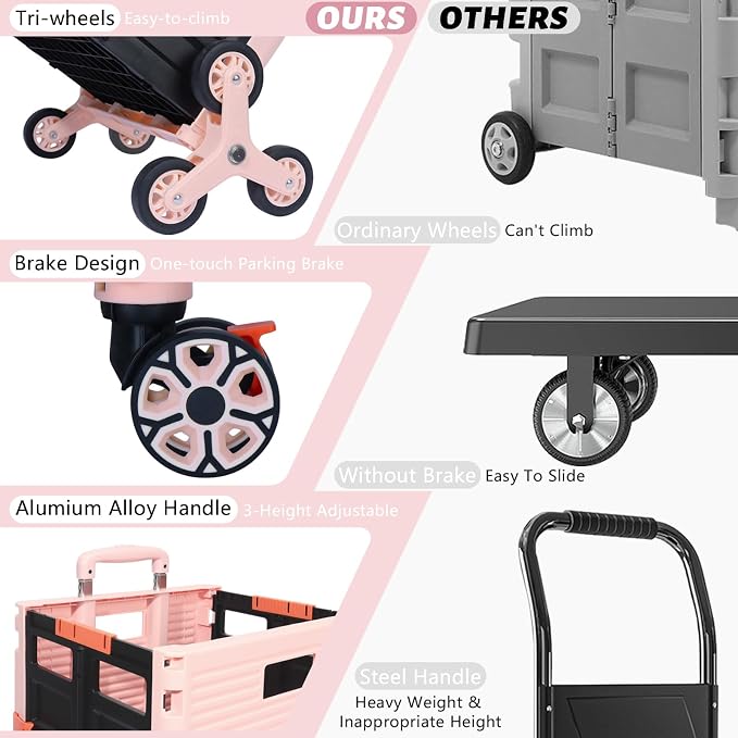 FELICON SELORSS Folding Utility Climber Cart Portable Rolling Crate-Pink | Stair Climbing Wheels+360°Swivel Wheels,Telescoping Handle,Plastic Box Dolly for Travel Shop Move Laundry Office Teacher Use