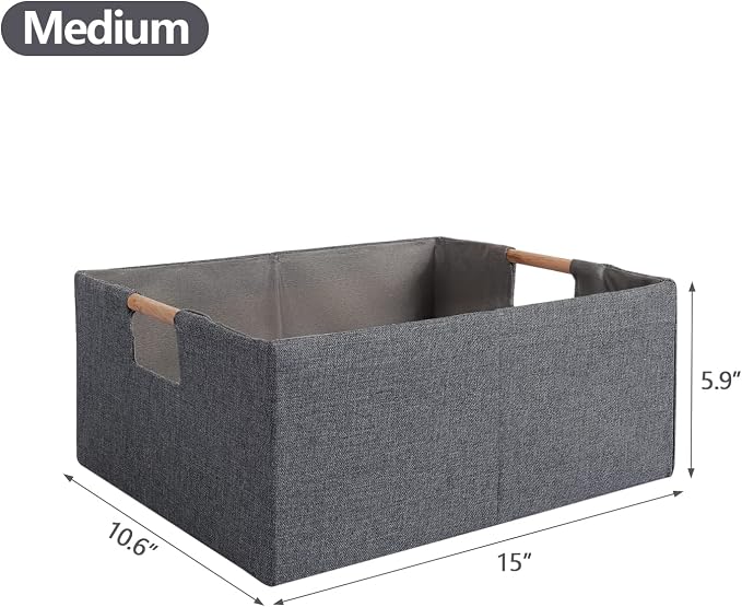 Fabric Storage Box, 15x11in Foldable Cotton Linen Basket with Wooden Handle | Medium Rectangular Cube Decorative Home Laundry Organizer Clothes Blanket Container Organizing Clothes Sheets Jeans, Gray