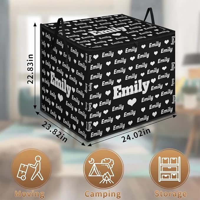 Custom Extra Large Storage Baskets Named with Lid, Personalized Storage Bins Basket Boxes Handles for Clothes Blanket Bedroom Closet Organizing Toys Shelves, Solid Black with Love Heart