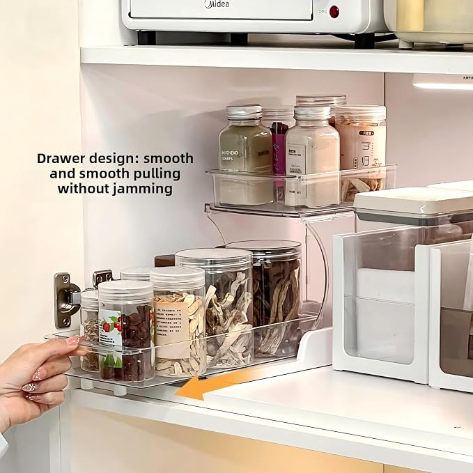 Jsyrjing 2 Pack Pull Out Spice Rack, 2 Tier Clear Cabinet Organizer | Rotating Pantry Organizer for Kitchen, Bathroom and Makeup Storage, Sliding Drawer Design for Under Sink Cabinets