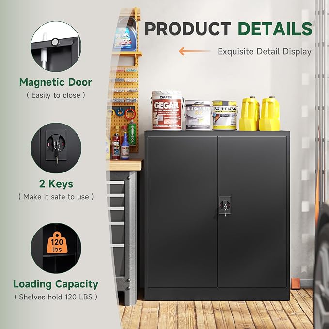 Metal Storage Cabinets with Lock Door,2 Adjustable Shelves Organizer Steel Storage Cabinets for Home,Office,Warehouse,Garage,Employee Lockers(Black)