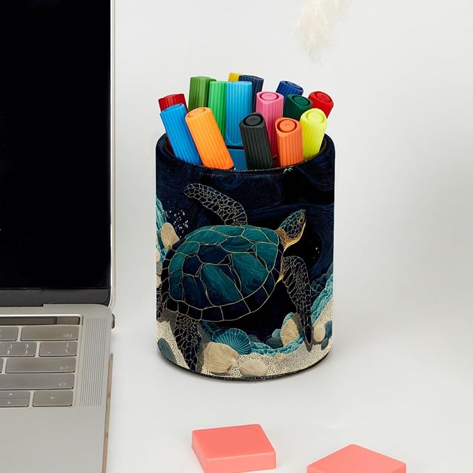 Sea Turtle Pen Holder, Pencil Cup Marker Brush Holder Desk Storage Case, Desktop Organizer for School Office Home Supplies