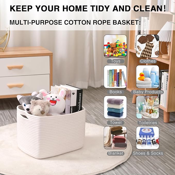 White Storage Baskets for Organizing Shelves, Woven Cotton Rope Basket for Storage, Basket for Toys Clothes Books Shoes, Organization Baskets, 14.8"×11"×9.5", Pack of 3, Off White
