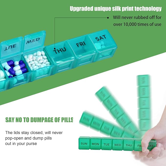 2 Pack Weekly Pill Organizer, Large 7 Day Travel Pill Case (Red & Green) | Daily Vitamin Case Medicine Box, AM/PM Pill Containers Twice a Day for Medicine Supplements Fish Oil, Portable & Durable