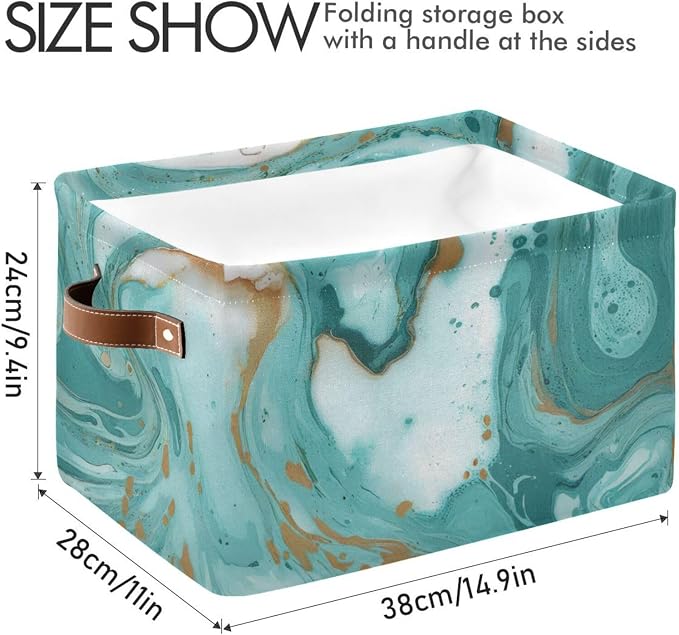 Turquoise Marble Texture Basket Bin, Large Storage Basket for Toy, Canvas Storage Basket for Clothes, Decorative Basket for Home Office (15x11x9.5inch)