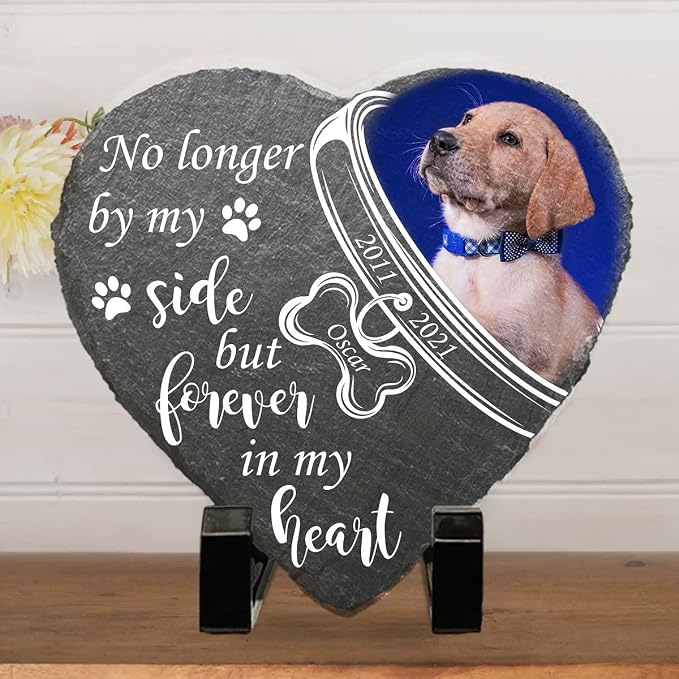Wrappiness Pet Memorial Stone - Forever in My Heart, Personalized Dog Memorial Gifts, Remembrance Condolences Bereavement Gifts for Loss of Pet Custom Photo (Heart 05, Stone with Stand)