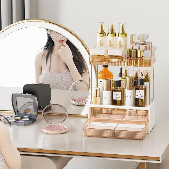 KHNR 2-Tier 2-Drawer Bathroom Organizer Countertop, Multi-Purpose Makeup Organizer Countertop, Large Skincare Organizers, Exquisite Vanity Organizer for Bathroom, Dresser, Kitchen (Amber)