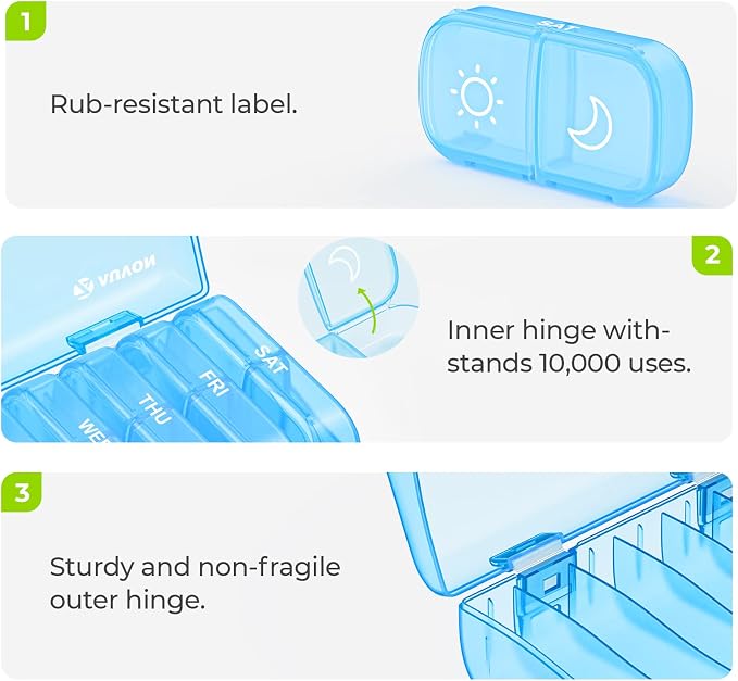 AUVON Weekly Pill Organizer 2 Times a Day, One-Sided Opening, Easy to Use | AM PM Pill Case, XL Pill Box 7 Day, Travel Medication Organizer for Medication, Vitamins, Fish Oils, Supplements, Blue