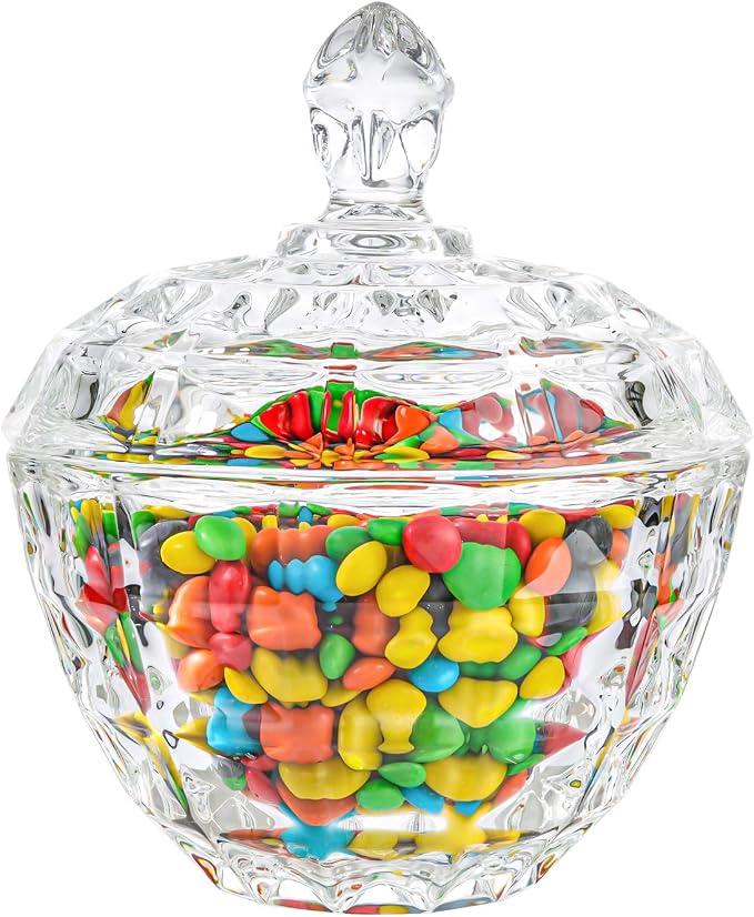 ComSaf 9oz Glass Candy Dish with Lid for Office Desk Small Jar Crystal | Covered Candy Storage, Coffee Table Office Desk Bathroom Vanity Decor, Countertop Display, Small Size, Wedding Favors