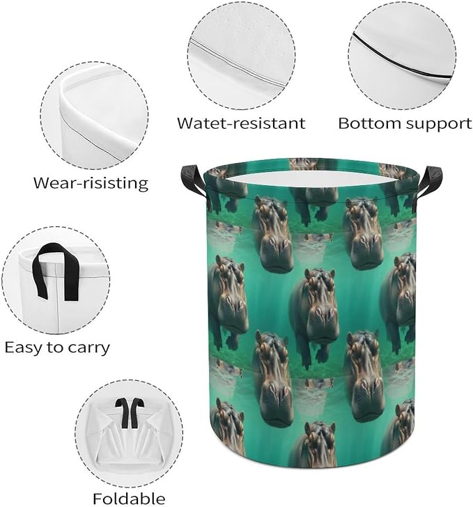 Foldable Laundry Basket with Handles Diving Hippo, Waterproof Storage Hamper for Clothes, Toys, and Towels in Bedroom and Bathroom