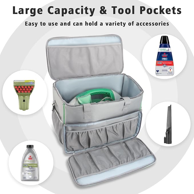 Carry Bag for Bissell Little Green Machine 1400B, Large Capacity, Grey | Carrying Case for Bissell Carpet Cleaner, Car Vacuum Attachments Cleaning Tools Organizer, Cleaner Solution Pocke (Bag Only)