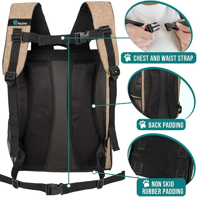 PetAmi Dog Backpack Carrier Airline Approved Cat Pet Puppy Bag, Taupe | Ideal for Small Medium Large Pet up to 18 lb, 2 Side Entry Structured No-Collapse Frame, Ventilated Bookbag for Hiking Travel