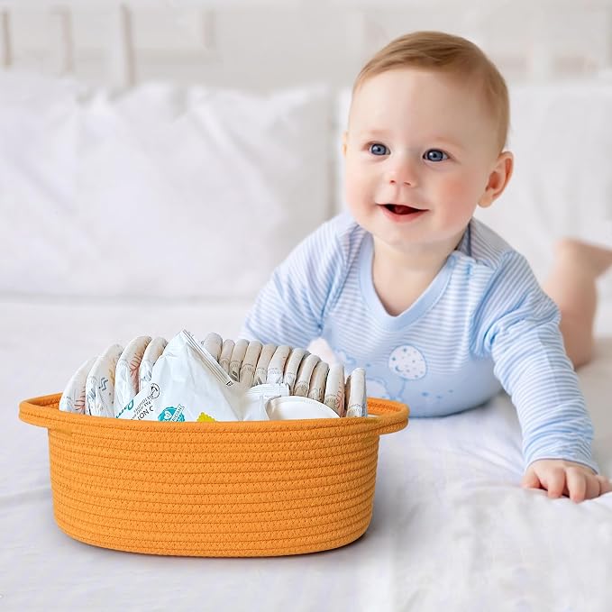 Orange Woven Basket, 13" x 9" x 5" Baskets for Gifts Empty, Cute Cotton Rope Cat Dog Toy Bin Box, Small Woven Bin for Shelves, Orange Room Decor, Nursery Baby Cloth Diaper Storage Organizer
