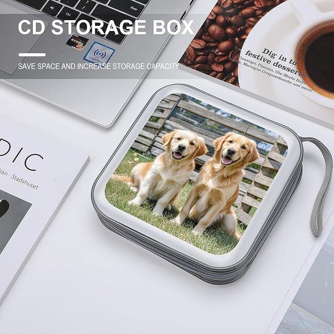 Golden Retriever Dogs Puppies Pets DVD Case, 40 Capacity CD Case Holder with Zippers, Portable CD Holder Hard Plastic Disc Cases Personalized DVD Wallet Organizer for Car Home Travel