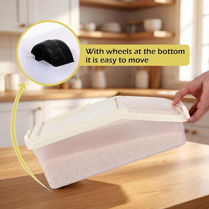 Blushtier 3 Pcs Rice Storage Container 11 lb Airtight Flour Container with Wheels Measuring Cup Clear Pet Food Dog Cat Birds Food Bin Grain Cereal Organizer Box for Dry Baking Supplies(Milky White)
