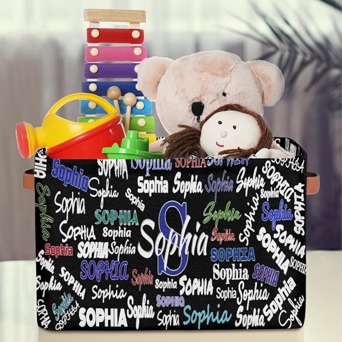 Custom Storage Basket, Personalized Name Rectangle Organizer Bin for Pet/Children Toys, Books, Clothes, Perfect for Rooms/Playroom, Solid Black Color