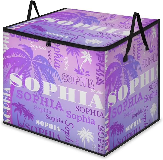 Personalized Storage Bins with Lid, Customized Name Jumbo Storage Basket Rectangle Clothes Organizer for Organizing Kids and Pets Toys Shelf Closet, Gradient Purple Tropical Trees Summer