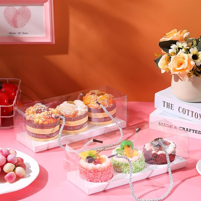 Thenshop 40 Pcs Clear Cupcake Boxes 9x3x3 in 3 Compartment Holder,White | Transparent Holders with Handles, Individual Pastry Display for Wedding Graduation Party Favors Cookies Treats Gifts