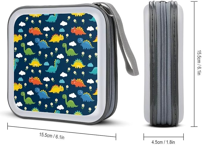 40-Disc Capacity CD/DVD Case Dinosaur, Hard Plastic Protective Storage Binder with Zipper, Portable Organizer for Car Home Office