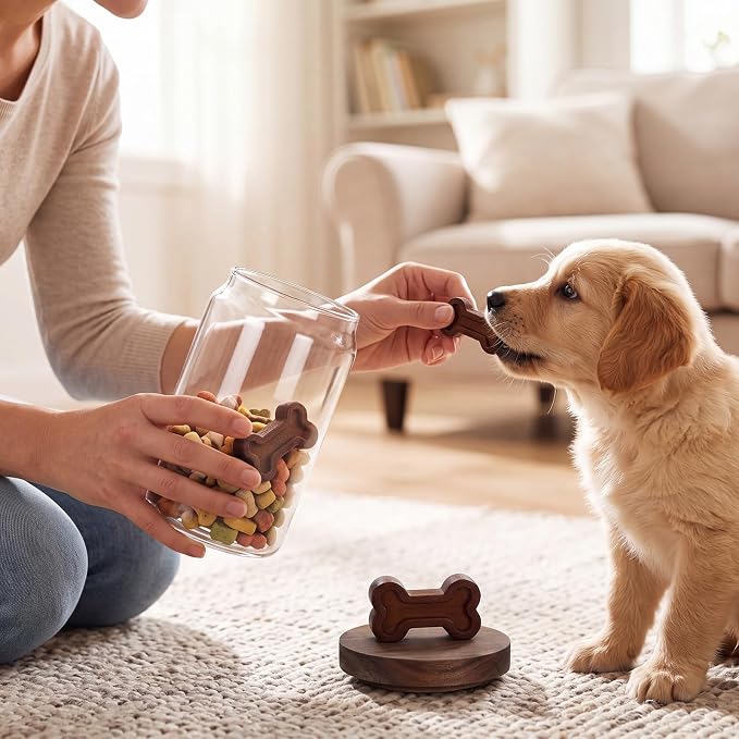 3 Pcs Glass Dog Treat Container, Dog Food Jar with Wooden Lid | 3 Large Sizes, Airtight Pet Treat Storage Container, for Kitchen Counter, Treats Canister, Doggie Cookie, Pets