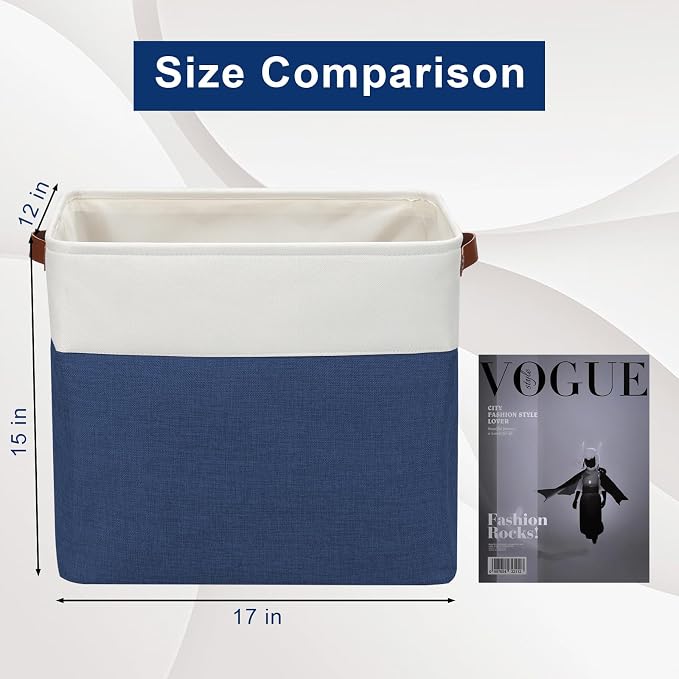 Bagnizer Large Fabric Storage Baskets | 50L Storage Bins, Decorative Linen Closet Baskets with Handles for Organizing, Shelf, Toys, Clothes, Home, Office, Nursery, 17x12x15Inches (Navyblue&White)