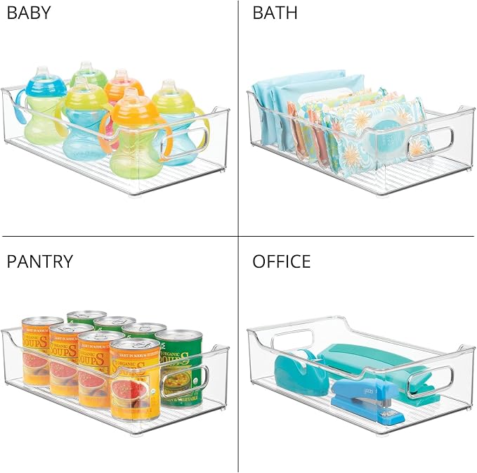 mDesign Wide Plastic Kitchen Storage Container Bins with Handles -Organization in Pantry, Cabinet, Refrigerator or Freezer Shelves - Food Organizer for Fruit, Yogurt, Squeeze Pouches - 2 Pack - Clear