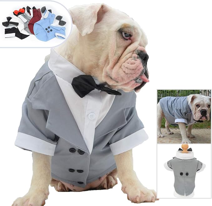 Lovelonglong Bulldog Costume Dog Suit Formal Tuxedo with Black Bow Tie Wedding Clothes for Pugs/French Bulldog/English Bulldog/American Pit Bull Gray B-XL
