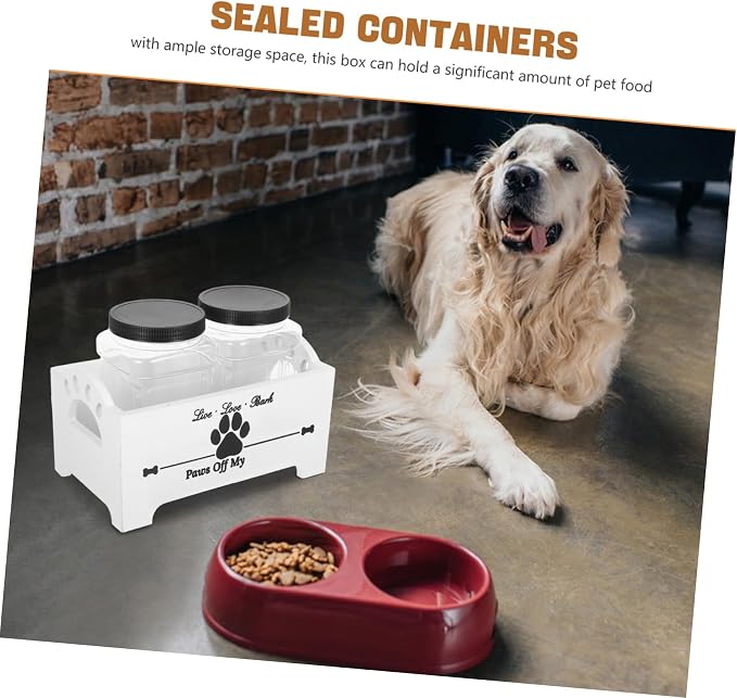 GANAZONO Wooden Dog Food Storage Box with 2 Airtight Canisters Pet Treat Organizer Stand Home Snack Crate for Dogs Sturdy Sealed Food Container for Kitchen Use