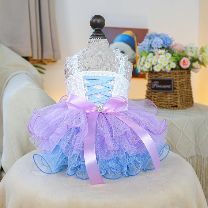 Fancy Small Dog Dress with Bow Knot Sleeveless Girl Puppy Princess Tutu Skirt Holiday Cat Outfit Doggy Apparel Summer Pet Clothes for Chihuahua Yorkie Pomeranian Poodle (Purple, Large)
