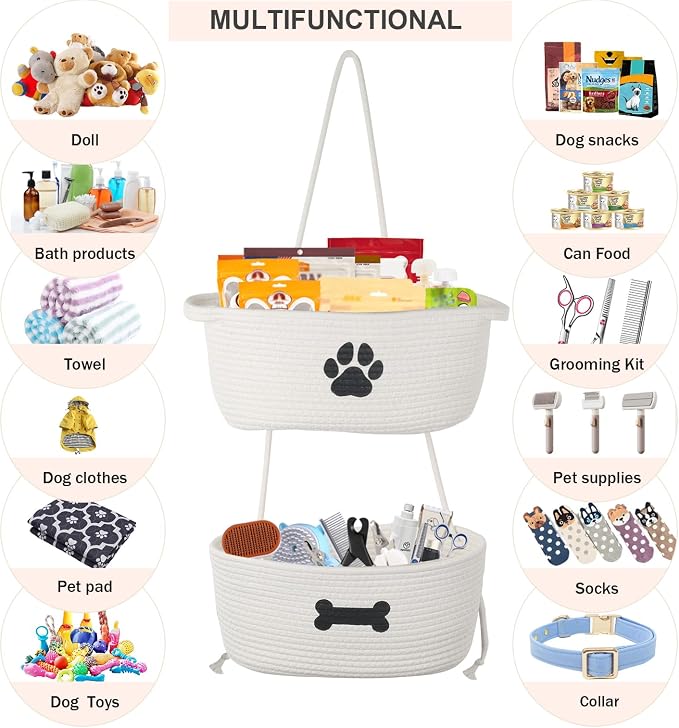 2-Tier Dog Baskets,Over Door Hanging Oganizer for Pet Stuff with Metal Hooks,Cotton Rope Wall-Mounted Storage Organizer for Dog Leash/Harness/Small Toys/Trash bag - Beige