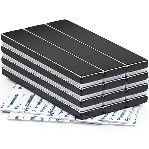 FINDMAG Rare Earth Bar Magnets with Adhesive Backing, 12 Pack, 60x10x3mm | Strong magnetic strips with a low-profile coated surface; for wall signs, tool storage, cabinet fixtures and display panels
