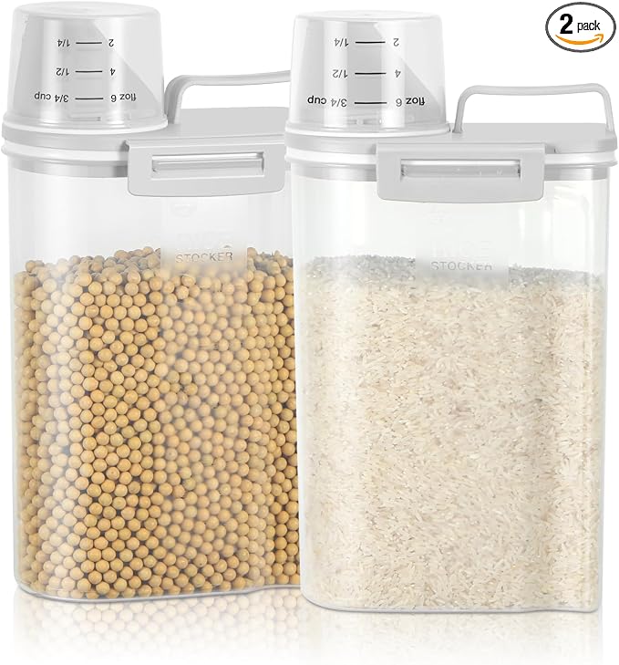 TBMax Rice Storage Container 2 Pack, Plastic Kitchen Pantry Food Storage Container with Cup, Small Pet Dog Cat Food Container Dispenser