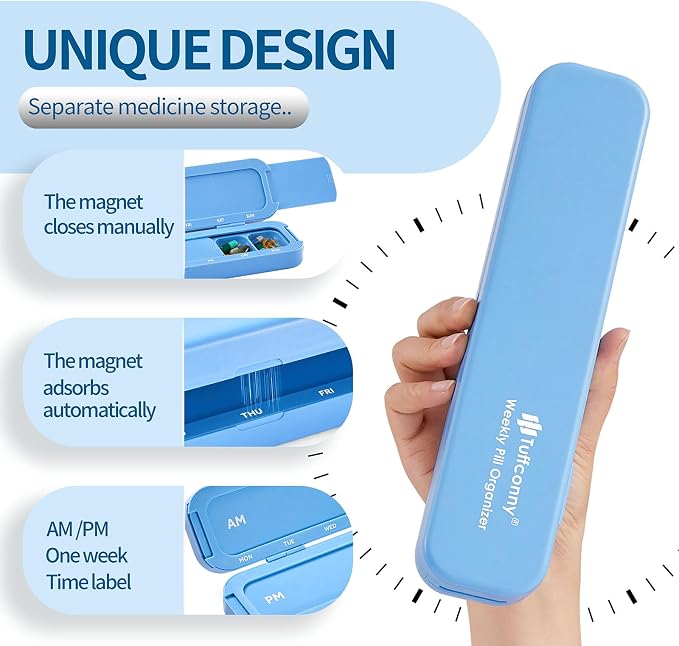 Weekly Pill Organizer - Travel Medicine Organizer, Pill Boxes and Organizer 2 Times a Day, 7 Day Pretty Pill Case, Pill Holder for Vitamins, Medicines and Tablets (Turquoise Blue)