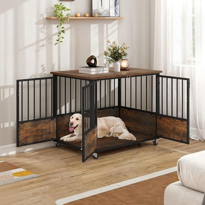 DWVO 38 Inch Dog Crate Furniture with Wheels & Double-Doors | Dog Kennel Indoor Furniture End Table, Farmhouse Decorative Wooden Dog Cage Table, Chew-Resistant, Rustic Brown