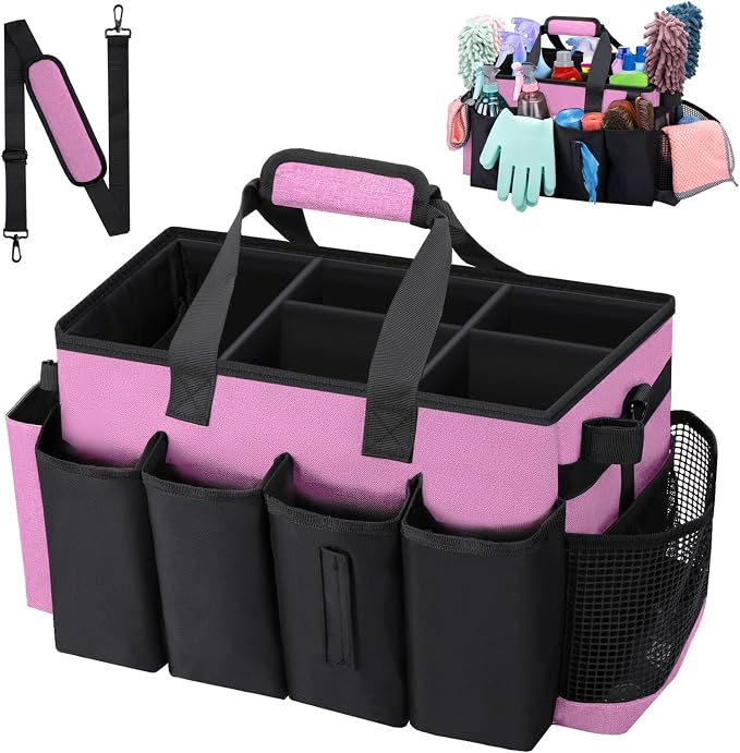 Wearable Large Cleaning Caddy Bag for Housekeepers (Pink) | Cleaning Supplies Organizer with Adjustable Shoulder, Waist & Handle Straps, Detailing Bag for Kitchen Supplies