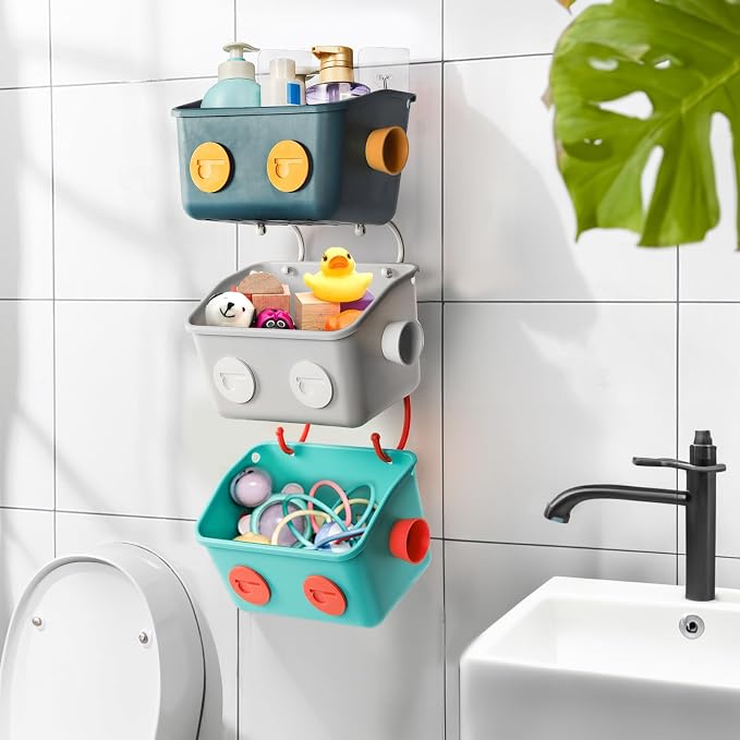 Noamus 6 Pack Bath Toy Storage Organizer Basket, 3 Layers Wall Mounted Hanging Shower Caddy, Plastic Robot Modeling Kitchen Shelf with Hook, No Drilling Colorful Toy Holder for Kid Bathtub Shampoo